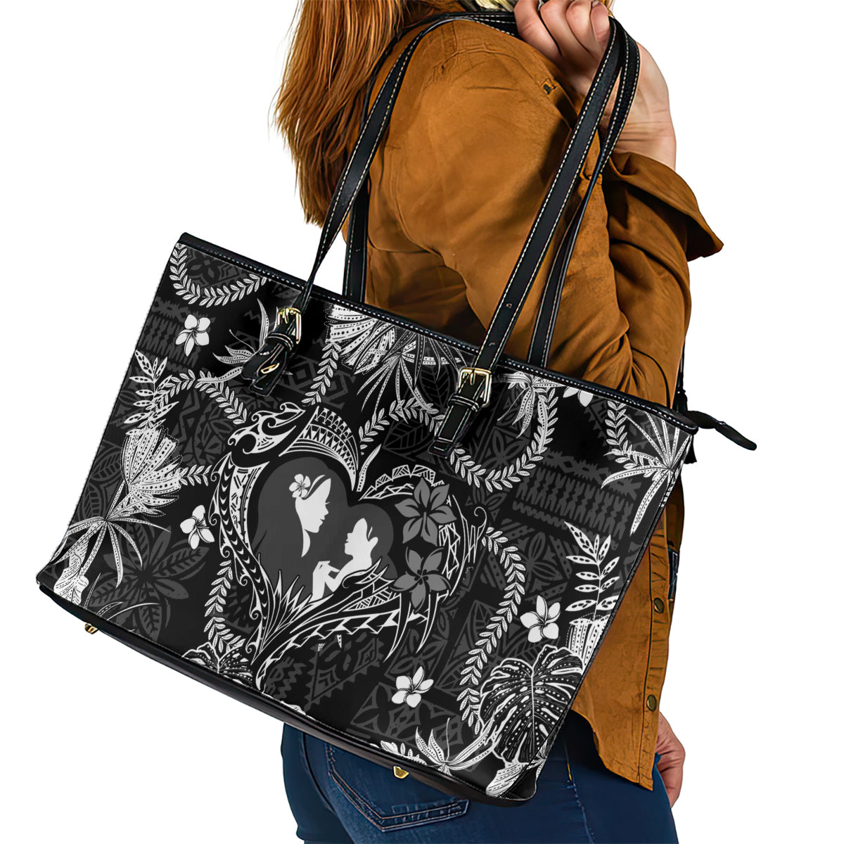 Hawaii Plumeria Leather Tote Bag Hau'oli la Makuahine Monochrome LT7 - Polynesian Pride