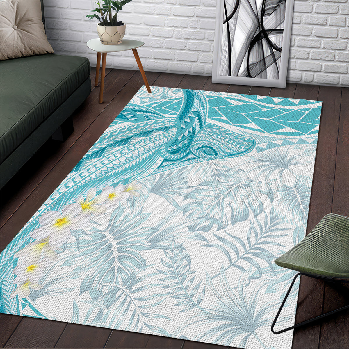 Polynesia Humpback Whale Area Rug Tropical Plumeria Turquoise