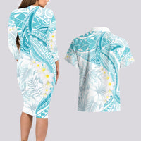Polynesia Humpback Whale Couples Matching Long Sleeve Bodycon Dress and Hawaiian Shirt Tropical Plumeria Turquoise