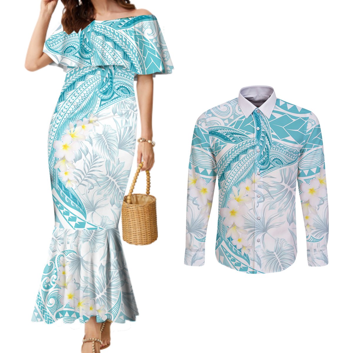 Polynesia Humpback Whale Couples Matching Mermaid Dress and Long Sleeve Button Shirt Tropical Plumeria Turquoise