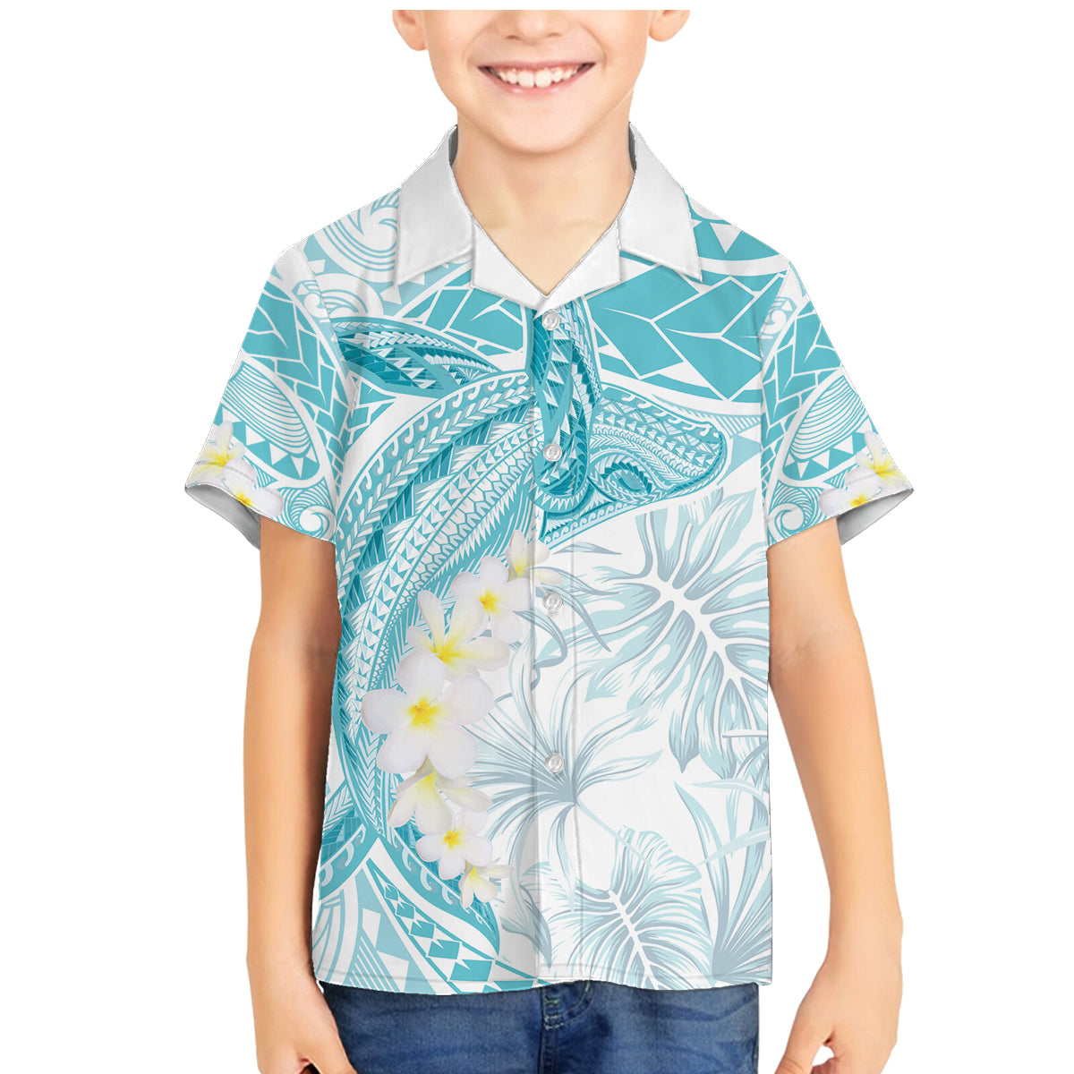 Polynesia Humpback Whale Family Matching Mermaid Dress and Hawaiian Shirt Tropical Plumeria Turquoise