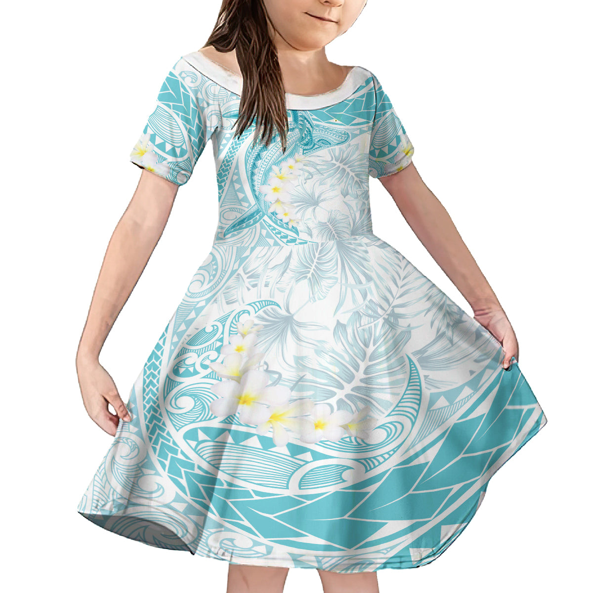 Polynesia Humpback Whale Family Matching Tank Maxi Dress and Hawaiian Shirt Tropical Plumeria Turquoise