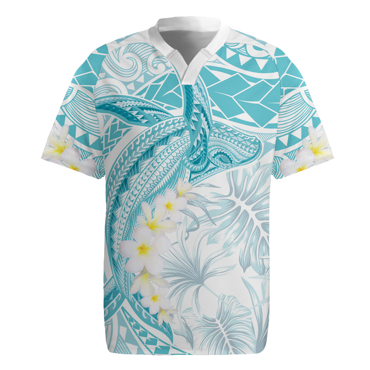 Polynesia Humpback Whale Rugby Jersey Tropical Plumeria Turquoise