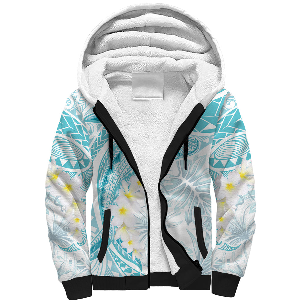 Polynesia Humpback Whale Sherpa Hoodie Tropical Plumeria Turquoise