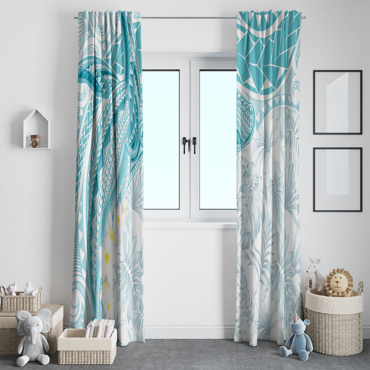 Polynesia Humpback Whale Window Curtain Tropical Plumeria Turquoise