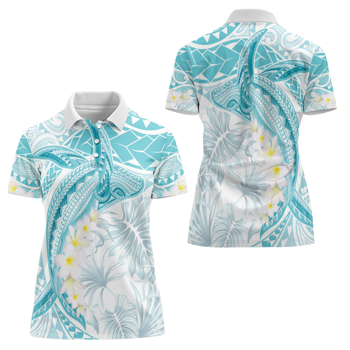 Polynesia Humpback Whale Women Polo Shirt Tropical Plumeria Turquoise