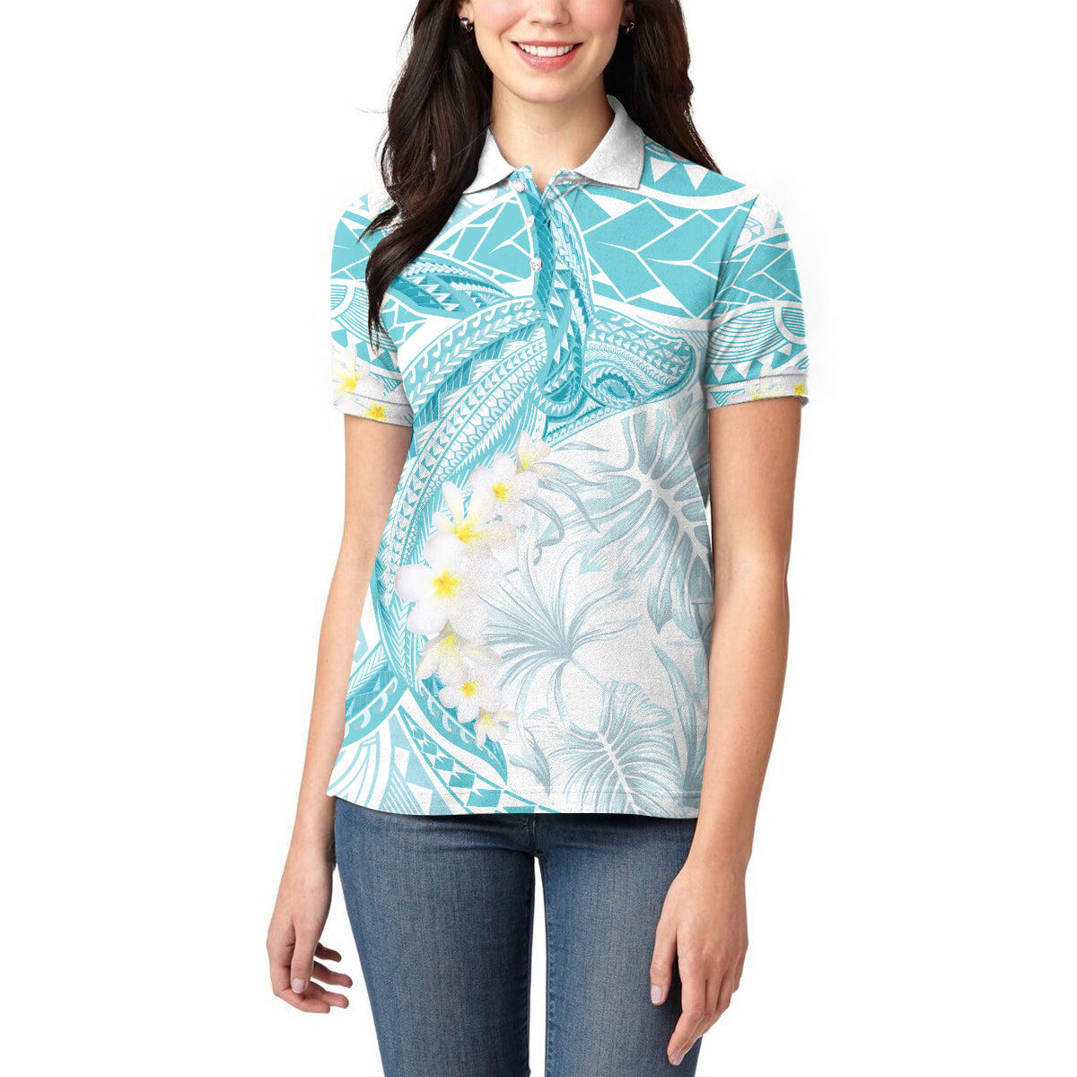 Polynesia Humpback Whale Women Polo Shirt Tropical Plumeria Turquoise
