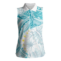 Polynesia Humpback Whale Women Sleeveless Polo Shirt Tropical Plumeria Turquoise