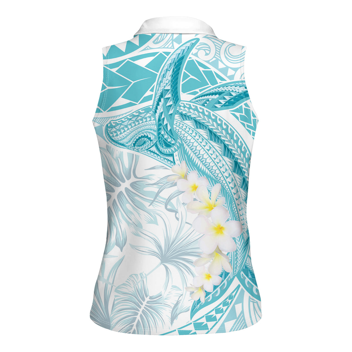 Polynesia Humpback Whale Women Sleeveless Polo Shirt Tropical Plumeria Turquoise