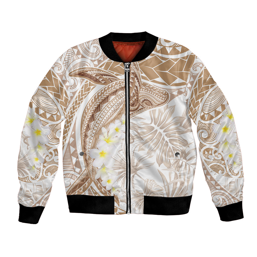 Polynesia Humpback Whale Bomber Jacket Tropical Plumeria Beige