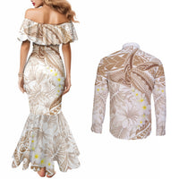 Polynesia Humpback Whale Couples Matching Mermaid Dress and Long Sleeve Button Shirt Tropical Plumeria Beige