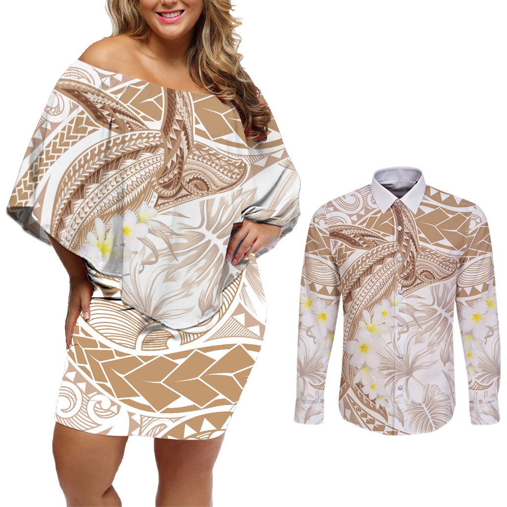Polynesia Humpback Whale Couples Matching Off Shoulder Short Dress and Long Sleeve Button Shirt Tropical Plumeria Beige