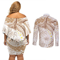 Polynesia Humpback Whale Couples Matching Off Shoulder Short Dress and Long Sleeve Button Shirt Tropical Plumeria Beige