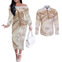 Polynesia Humpback Whale Couples Matching Off The Shoulder Long Sleeve Dress and Long Sleeve Button Shirt Tropical Plumeria Beige