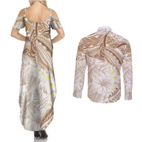 Polynesia Humpback Whale Couples Matching Summer Maxi Dress and Long Sleeve Button Shirt Tropical Plumeria Beige