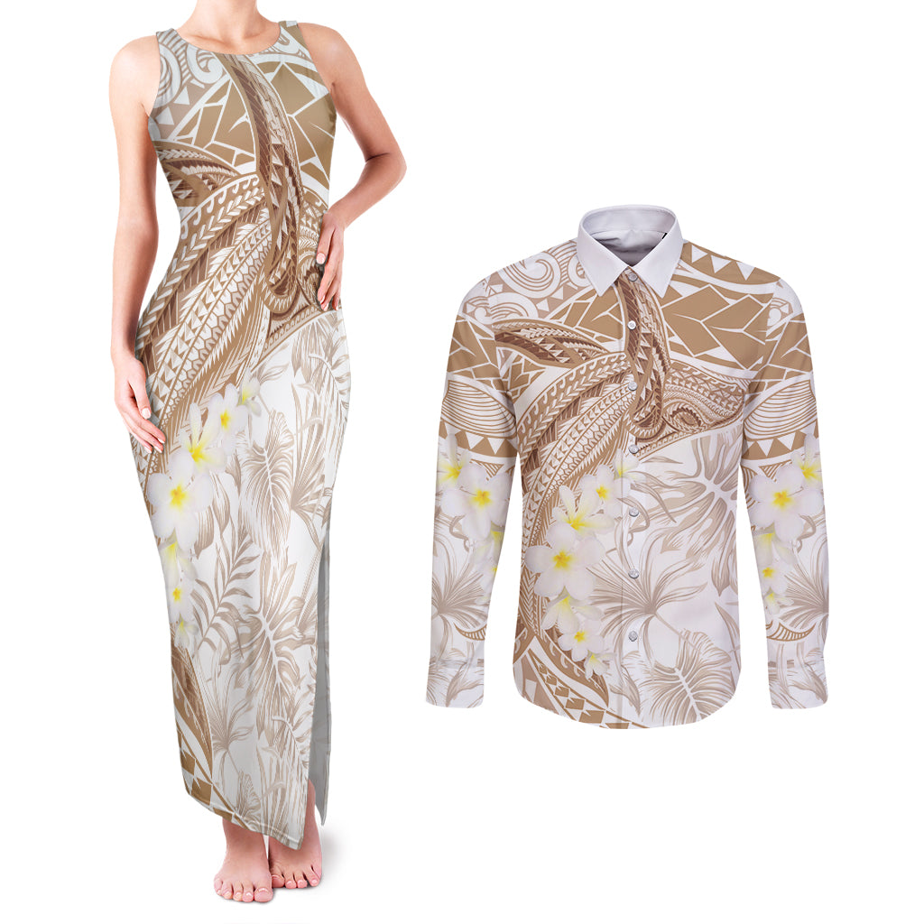 Polynesia Humpback Whale Couples Matching Tank Maxi Dress and Long Sleeve Button Shirt Tropical Plumeria Beige