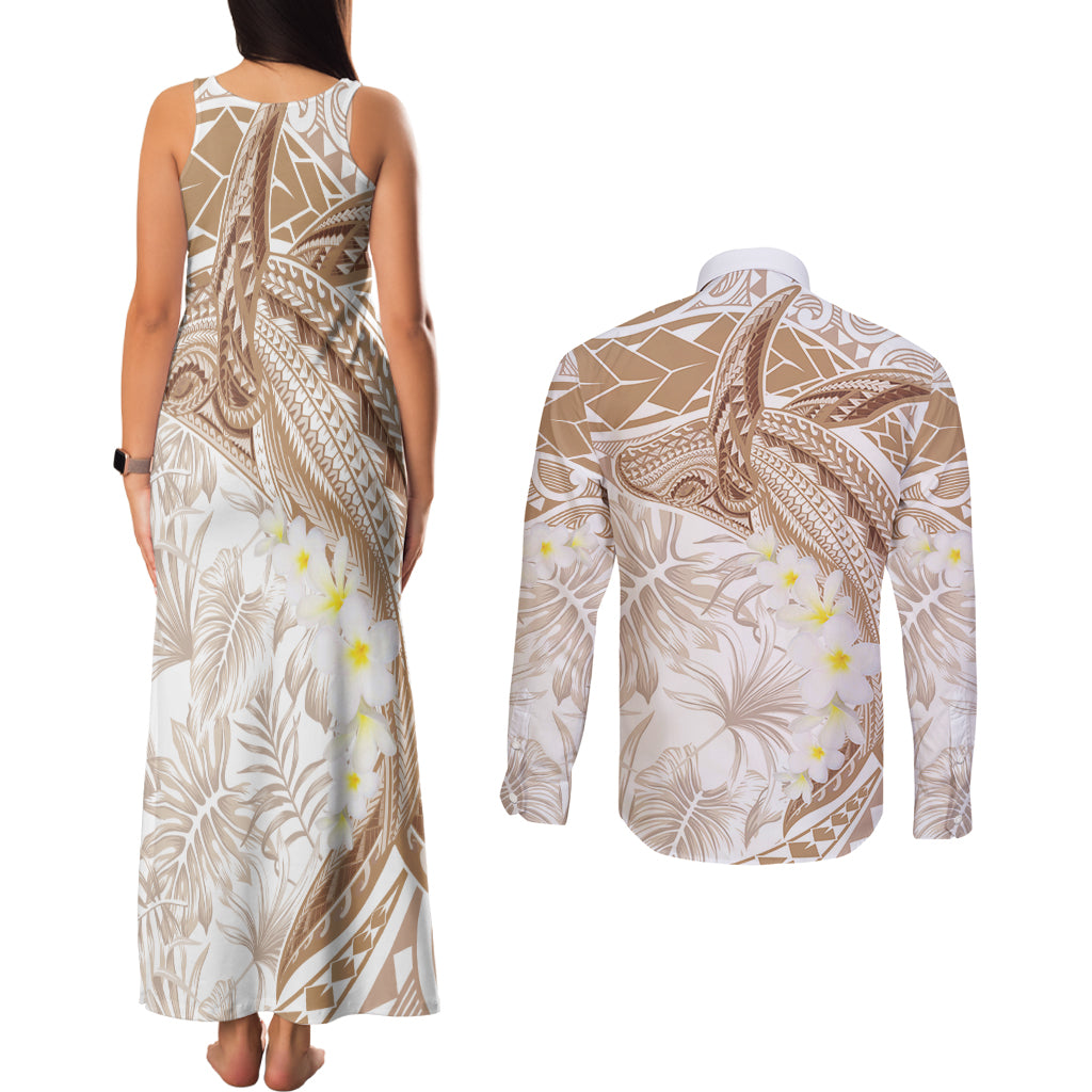 Polynesia Humpback Whale Couples Matching Tank Maxi Dress and Long Sleeve Button Shirt Tropical Plumeria Beige