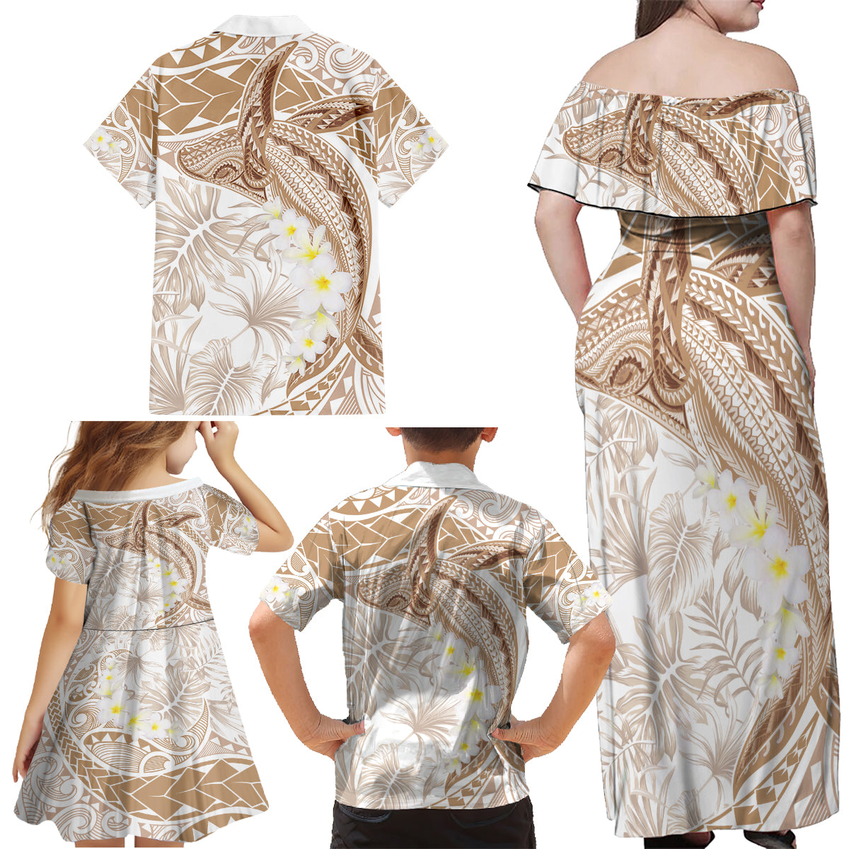 Polynesia Humpback Whale Family Matching Off Shoulder Maxi Dress and Hawaiian Shirt Tropical Plumeria Beige