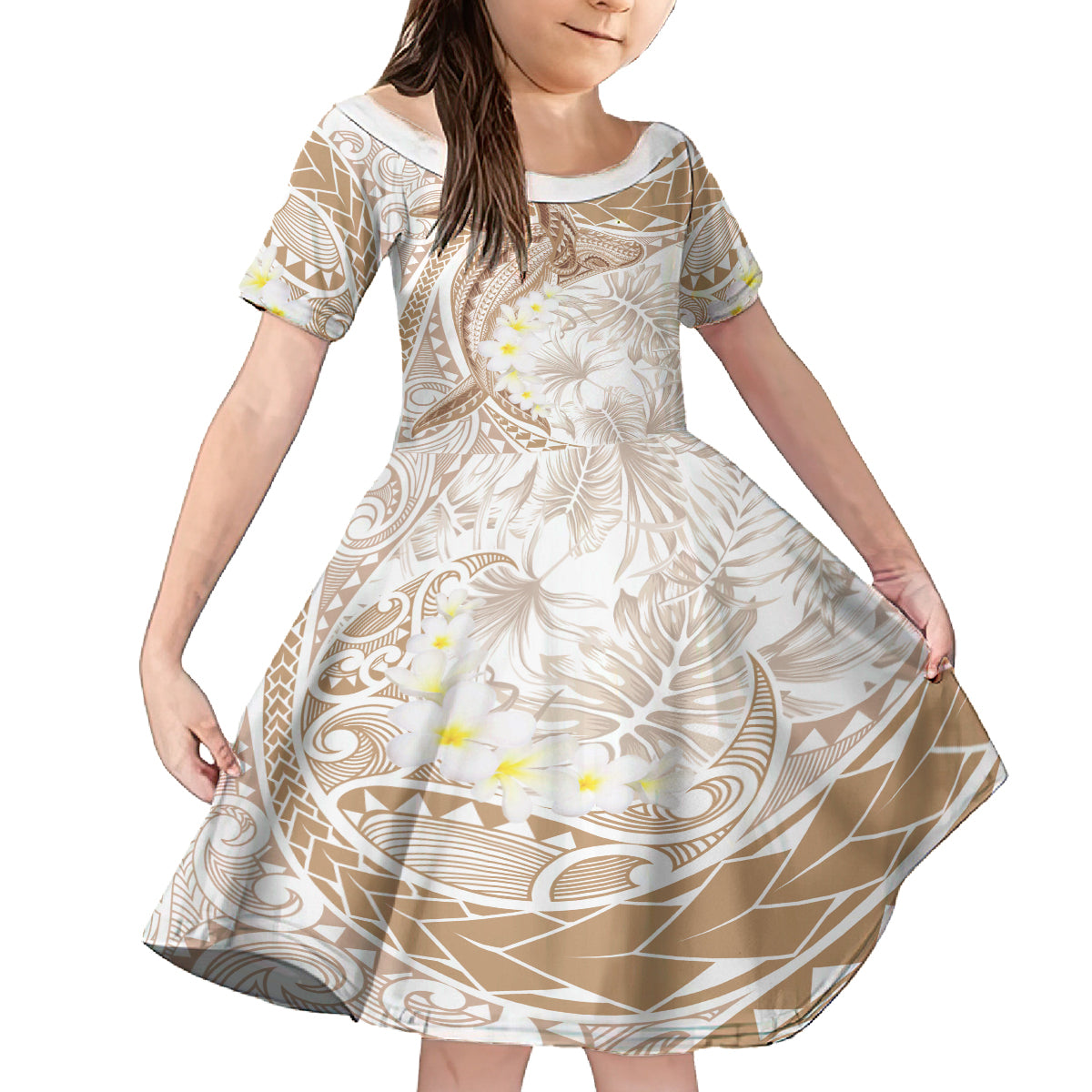 Polynesia Humpback Whale Family Matching Off Shoulder Short Dress and Hawaiian Shirt Tropical Plumeria Beige