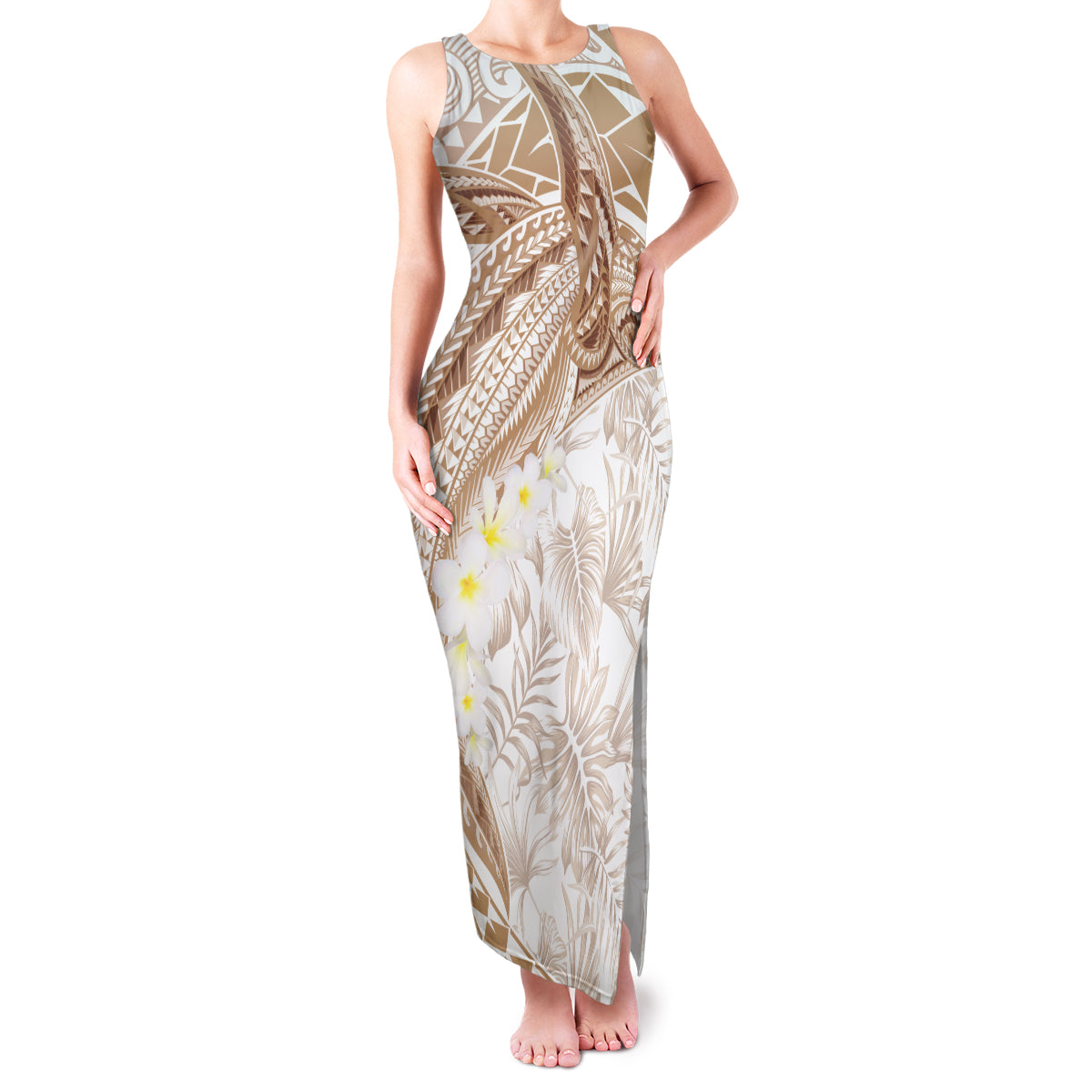 Polynesia Humpback Whale Family Matching Tank Maxi Dress and Hawaiian Shirt Tropical Plumeria Beige