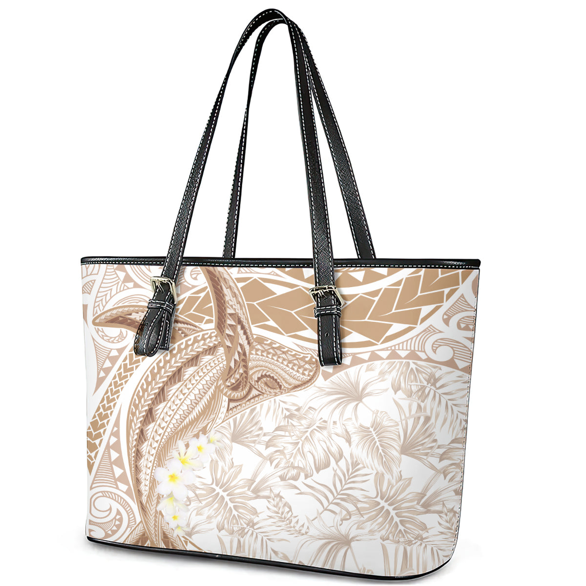 Polynesia Humpback Whale Leather Tote Bag Tropical Plumeria Beige