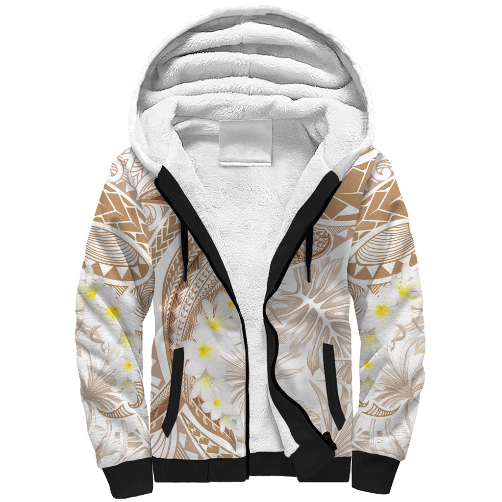 Polynesia Humpback Whale Sherpa Hoodie Tropical Plumeria Beige