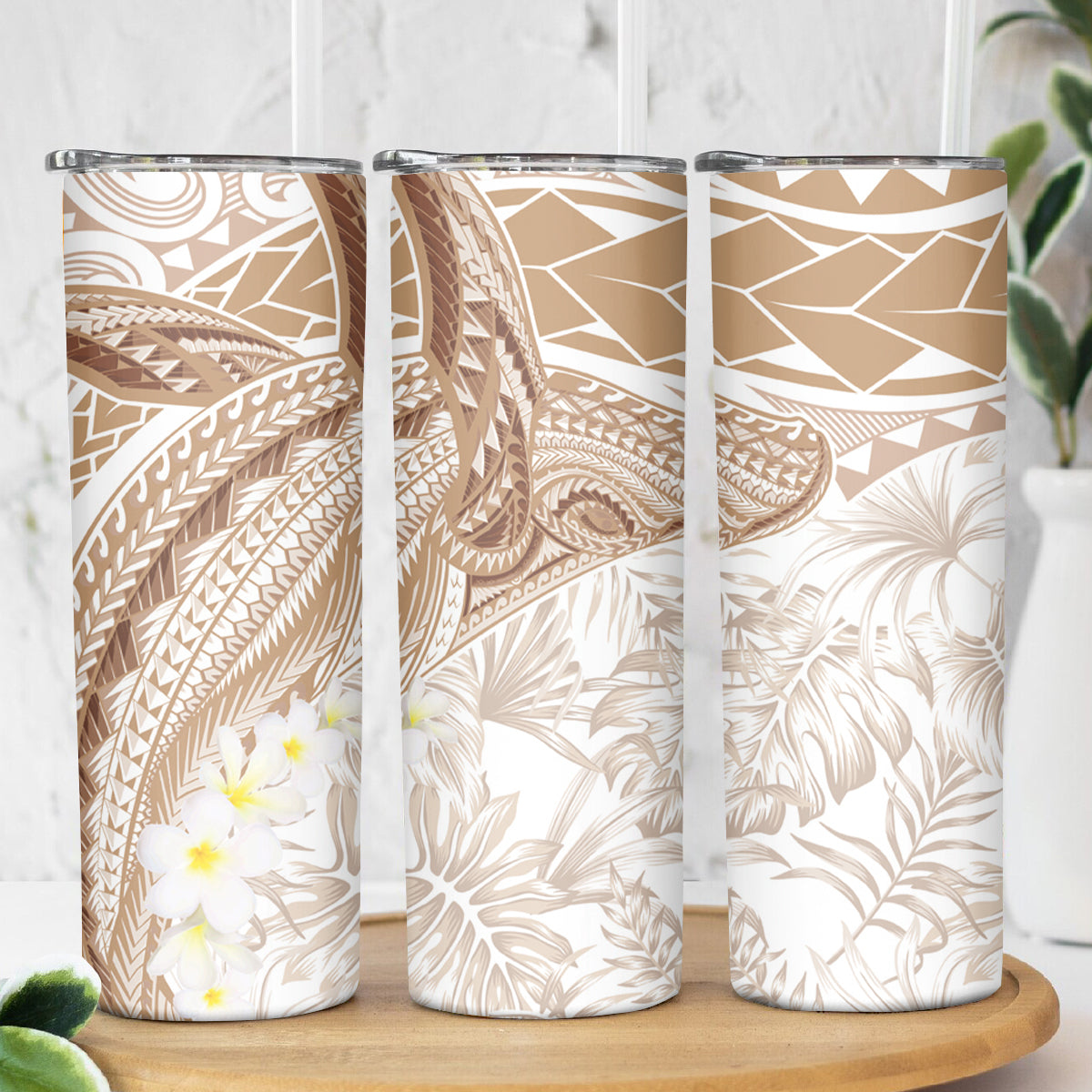 Polynesia Humpback Whale Skinny Tumbler Tropical Plumeria Beige