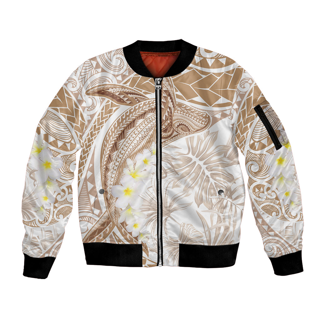 Polynesia Humpback Whale Sleeve Zip Bomber Jacket Tropical Plumeria Beige