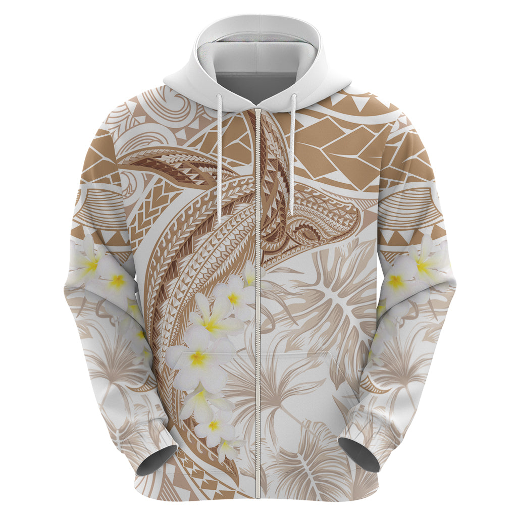 Polynesia Humpback Whale Zip Hoodie Tropical Plumeria Beige