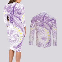 Polynesia Humpback Whale Couples Matching Long Sleeve Bodycon Dress and Long Sleeve Button Shirt Tropical Plumeria Lavender