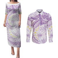 Polynesia Humpback Whale Couples Matching Puletasi and Long Sleeve Button Shirt Tropical Plumeria Lavender LT7 Lavender - Polynesian Pride