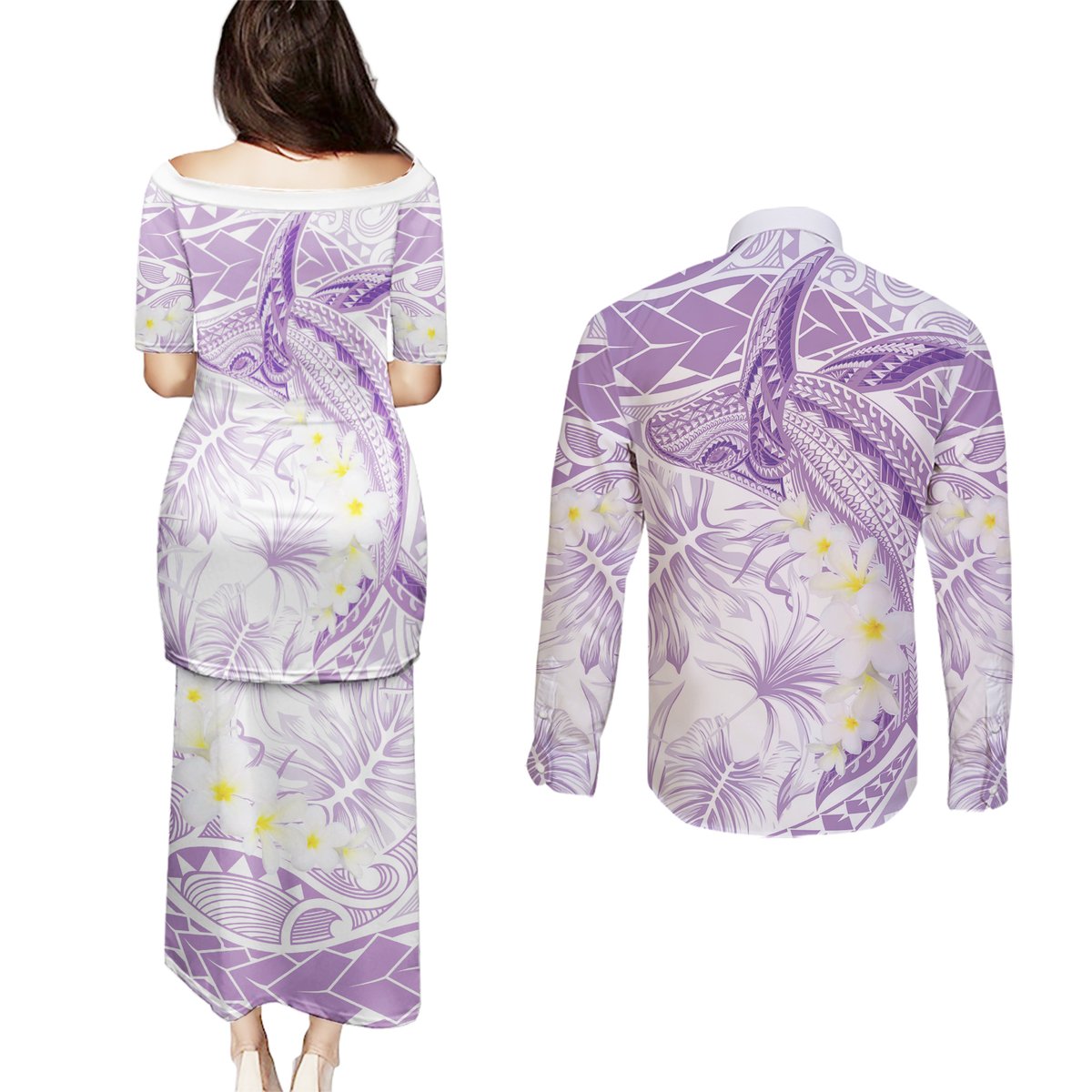 Polynesia Humpback Whale Couples Matching Puletasi and Long Sleeve Button Shirt Tropical Plumeria Lavender LT7 - Polynesian Pride