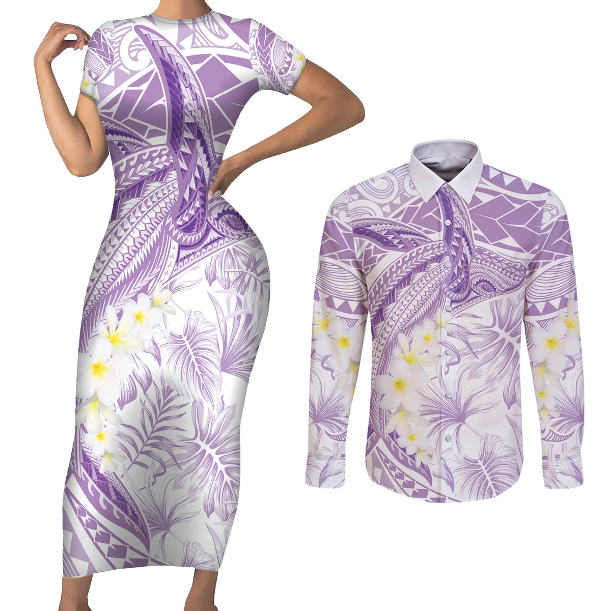 Polynesia Humpback Whale Couples Matching Short Sleeve Bodycon Dress and Long Sleeve Button Shirt Tropical Plumeria Lavender