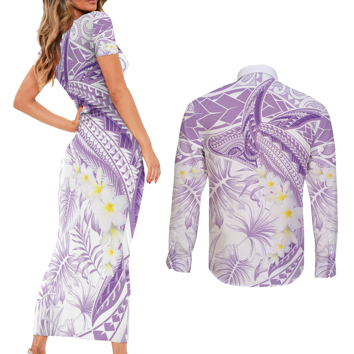 Polynesia Humpback Whale Couples Matching Short Sleeve Bodycon Dress and Long Sleeve Button Shirt Tropical Plumeria Lavender