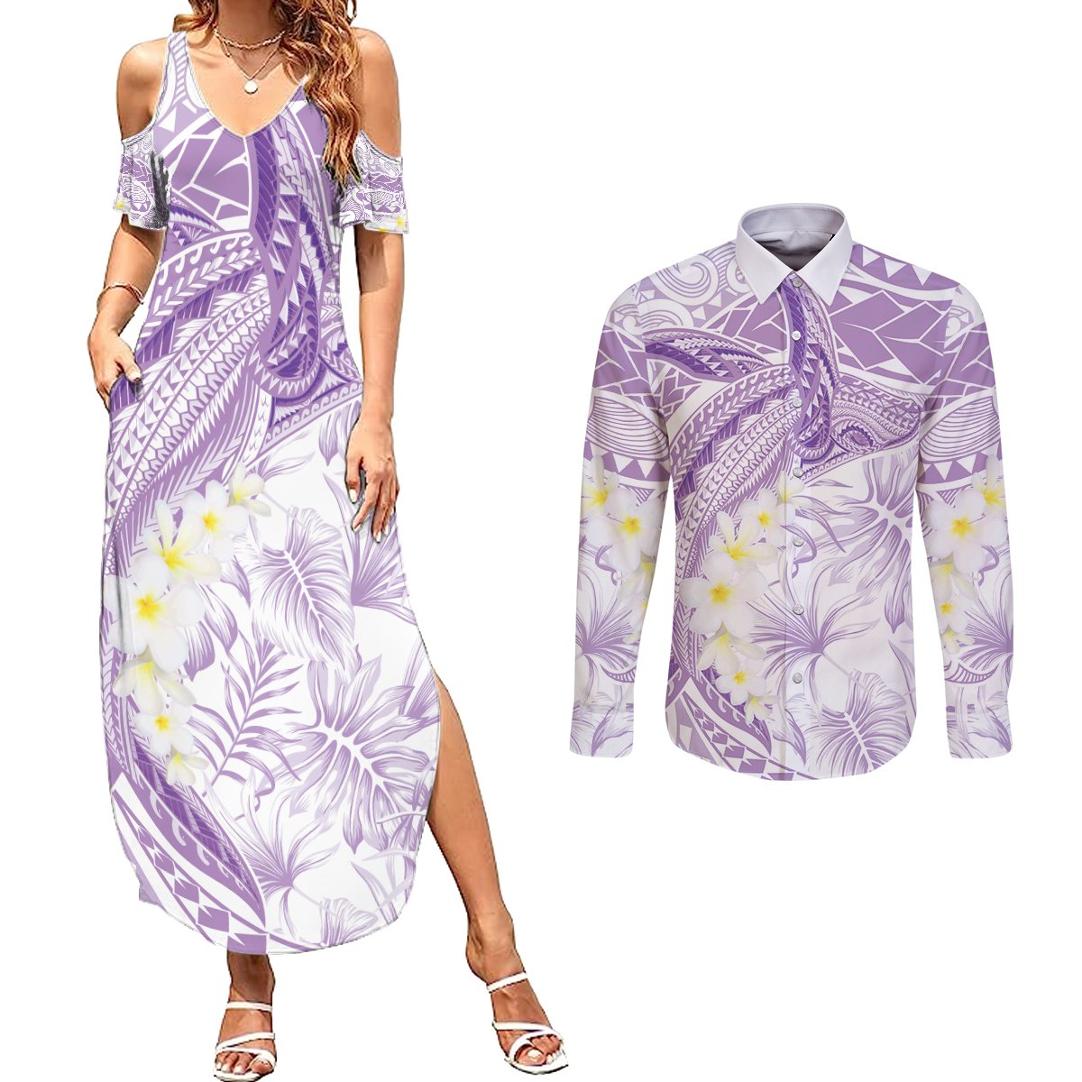 Polynesia Humpback Whale Couples Matching Summer Maxi Dress and Long Sleeve Button Shirt Tropical Plumeria Lavender