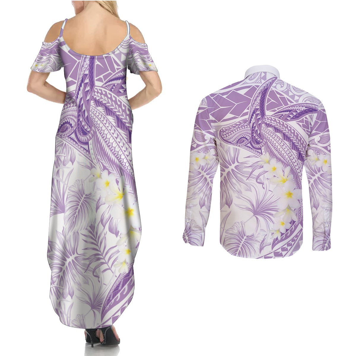 Polynesia Humpback Whale Couples Matching Summer Maxi Dress and Long Sleeve Button Shirt Tropical Plumeria Lavender