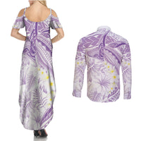Polynesia Humpback Whale Couples Matching Summer Maxi Dress and Long Sleeve Button Shirt Tropical Plumeria Lavender