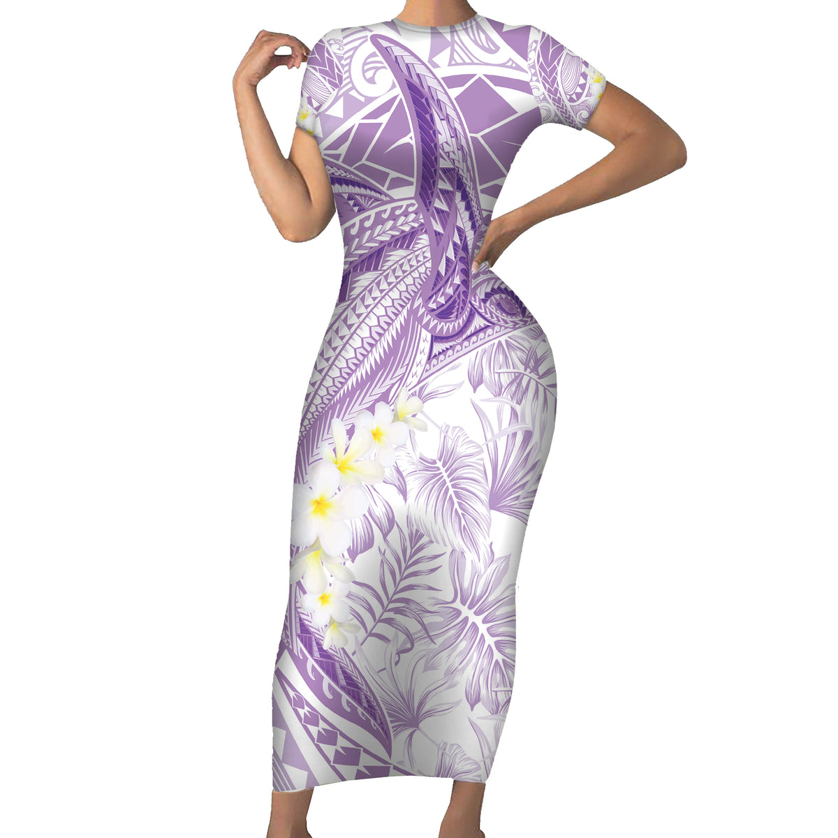 Polynesia Humpback Whale Family Matching Short Sleeve Bodycon Dress and Hawaiian Shirt Tropical Plumeria Lavender