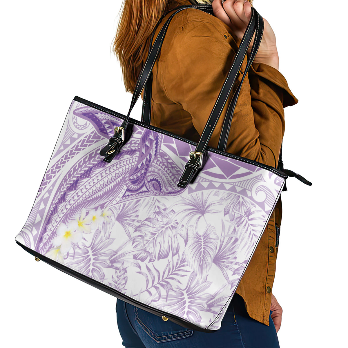 Polynesia Humpback Whale Leather Tote Bag Tropical Plumeria Lavender