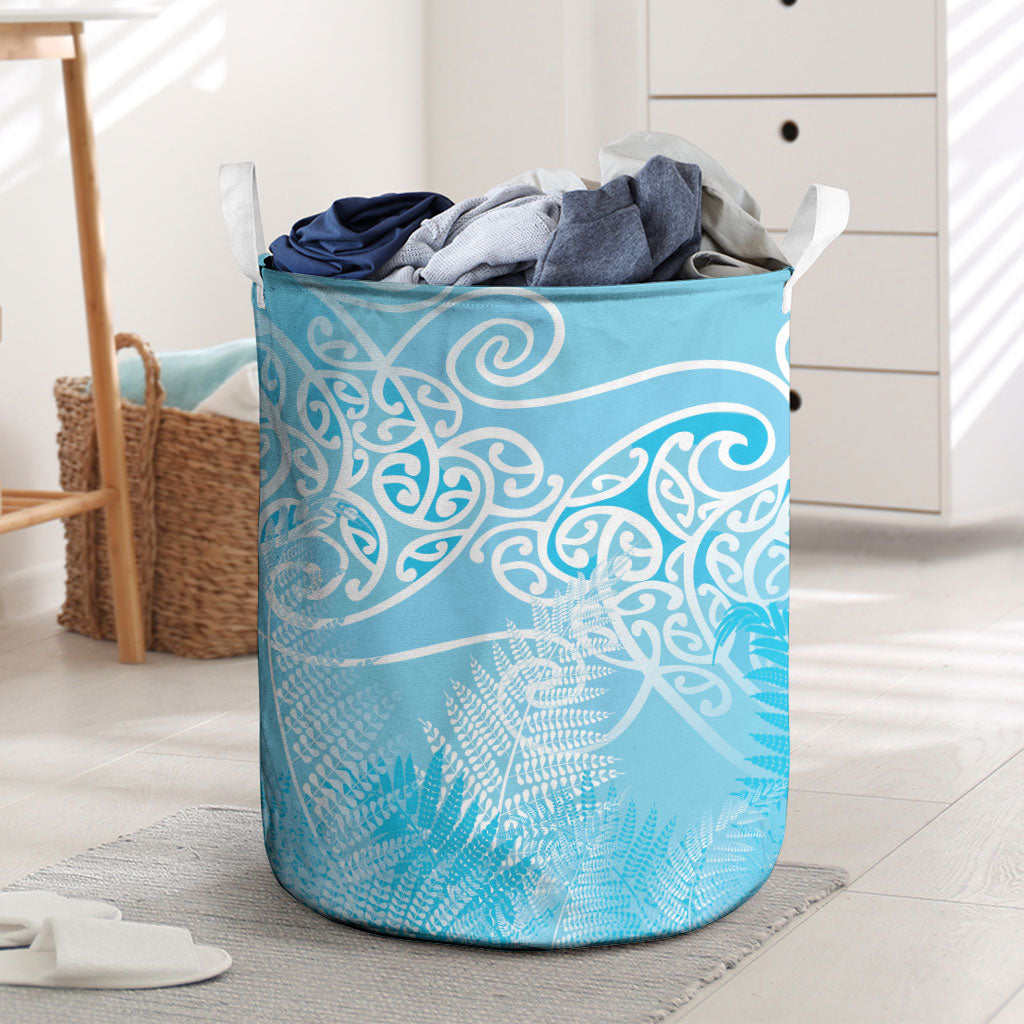Aotearoa Maori Koru Curves Laundry Basket Silver Ferns - Turquoise