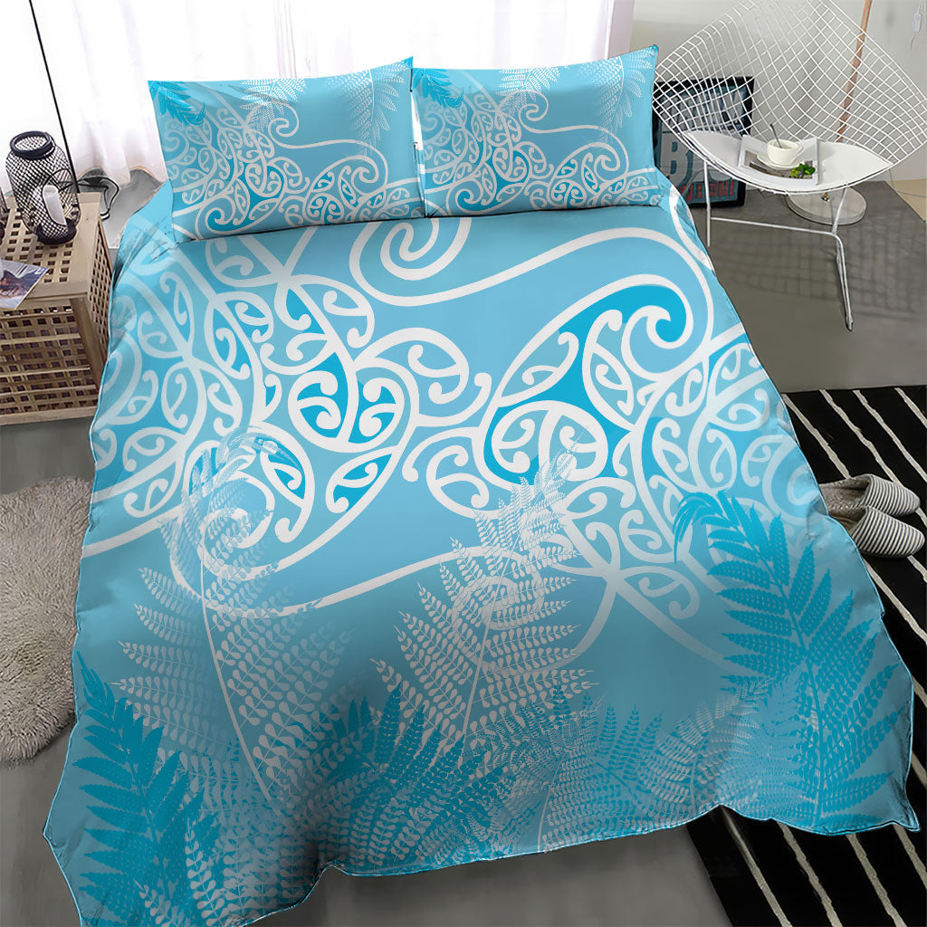 Aotearoa Maori Koru Curves Bedding Set Silver Ferns - Turquoise