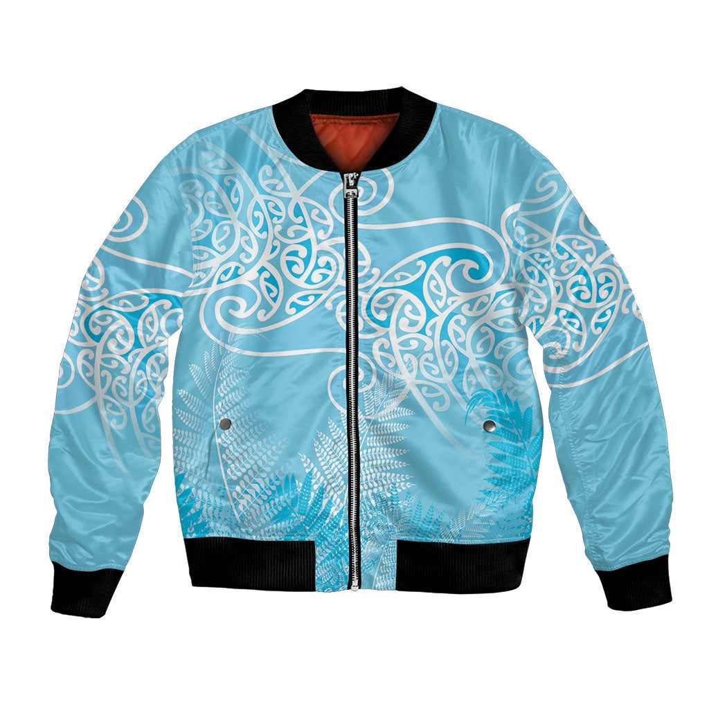 Aotearoa Maori Koru Curves Bomber Jacket Silver Ferns - Turquoise