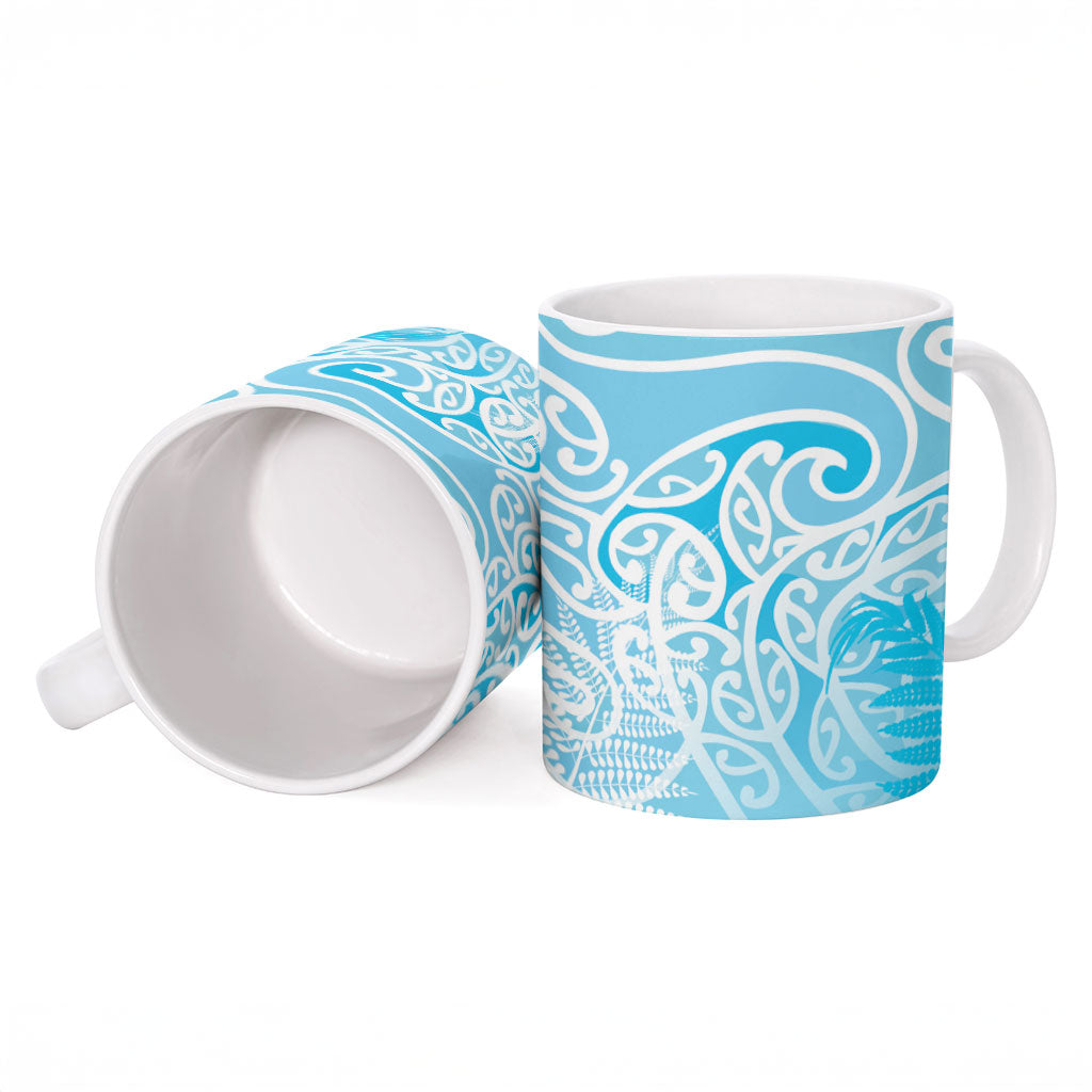 Aotearoa Maori Koru Curves Ceramic Mug Silver Ferns - Turquoise