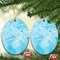 Aotearoa Maori Koru Curves Ceramic Ornament Silver Ferns - Turquoise LT7 Oval Turquoise - Polynesian Pride