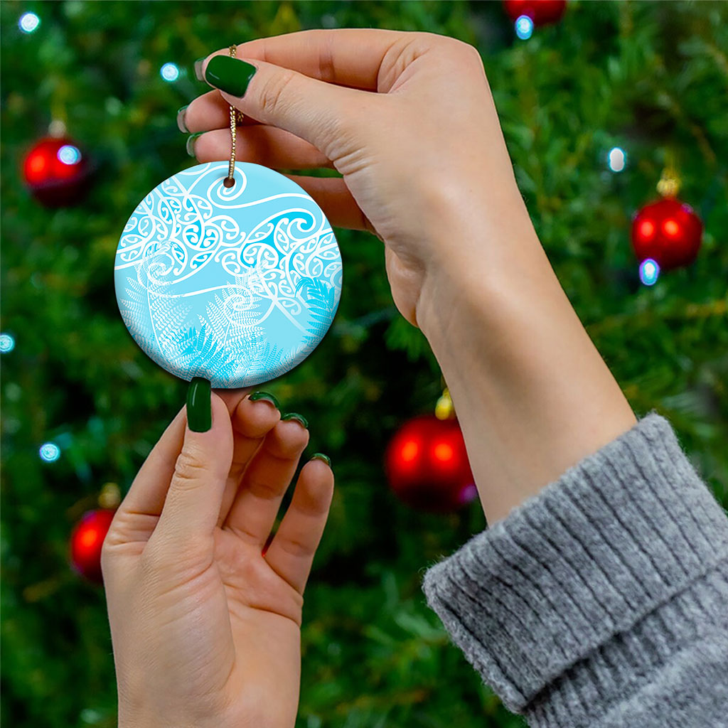 Aotearoa Maori Koru Curves Ceramic Ornament Silver Ferns - Turquoise LT7 - Polynesian Pride