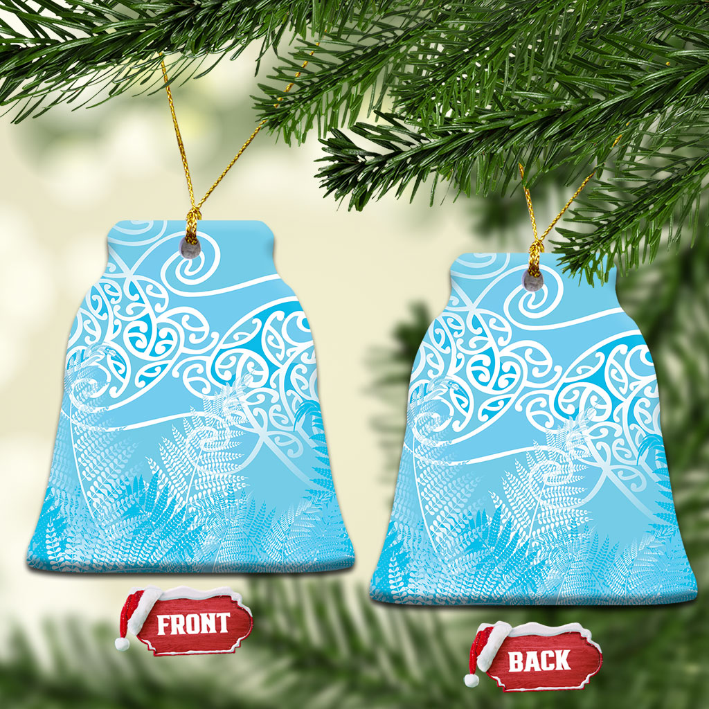 Aotearoa Maori Koru Curves Ceramic Ornament Silver Ferns - Turquoise LT7 Bell Flake Turquoise - Polynesian Pride