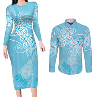 Aotearoa Maori Koru Curves Couples Matching Long Sleeve Bodycon Dress and Long Sleeve Button Shirt Silver Ferns - Turquoise