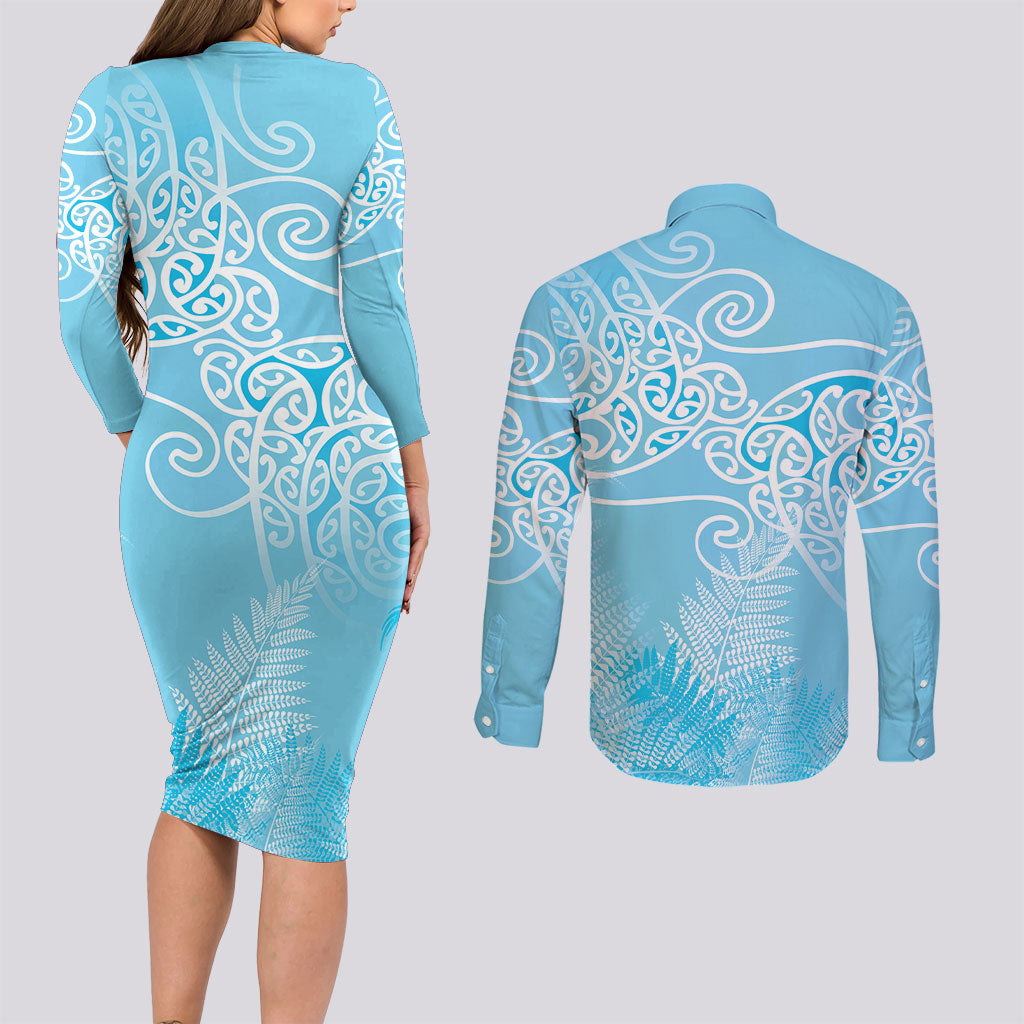 Aotearoa Maori Koru Curves Couples Matching Long Sleeve Bodycon Dress and Long Sleeve Button Shirt Silver Ferns - Turquoise