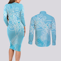Aotearoa Maori Koru Curves Couples Matching Long Sleeve Bodycon Dress and Long Sleeve Button Shirt Silver Ferns - Turquoise