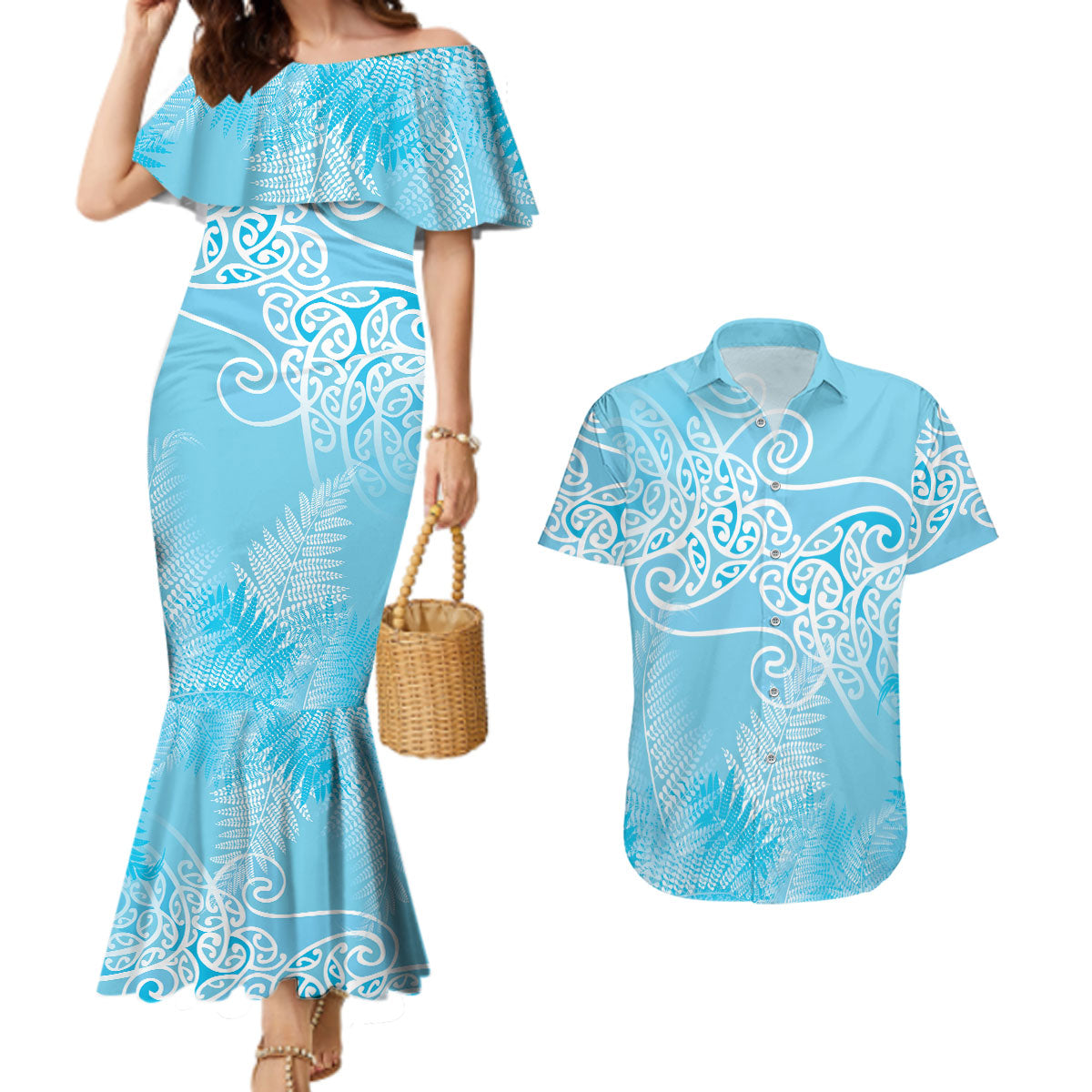 Aotearoa Maori Koru Curves Couples Matching Mermaid Dress and Hawaiian Shirt Silver Ferns - Turquoise